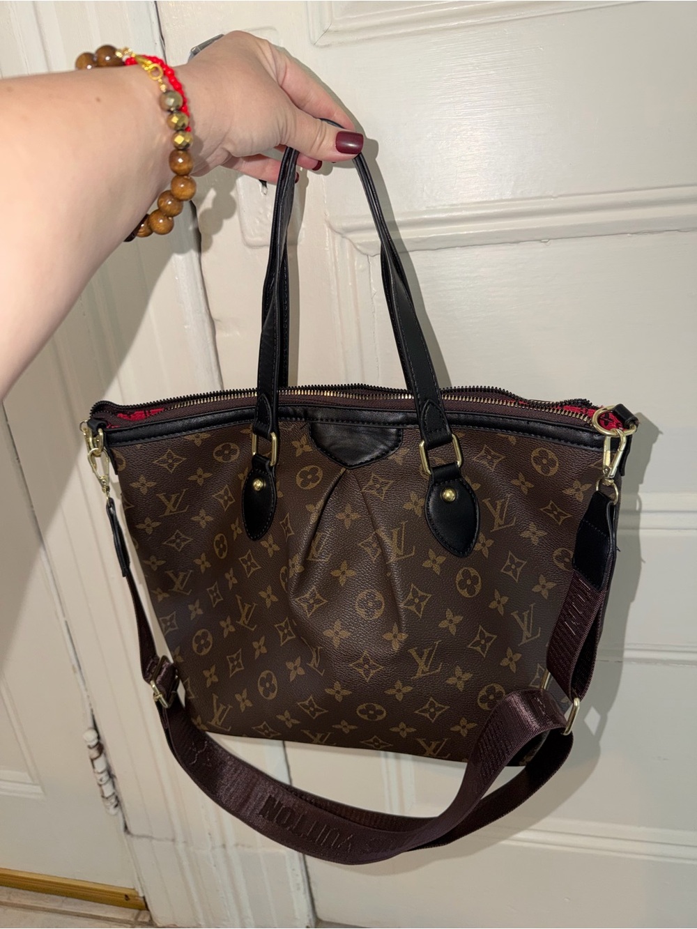 Brown/black zip top tote bag purse long brown guitar strap medium size - Picture 5 of 12